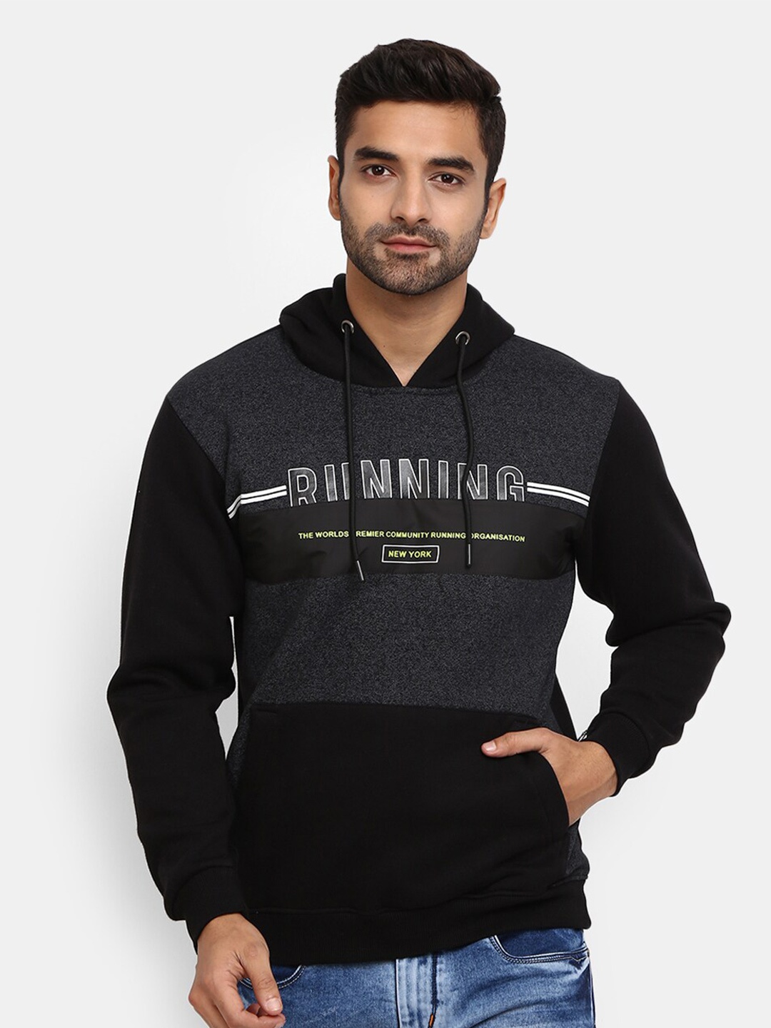 

V-Mart Men Black Colourblocked Hooded Sweatshirt