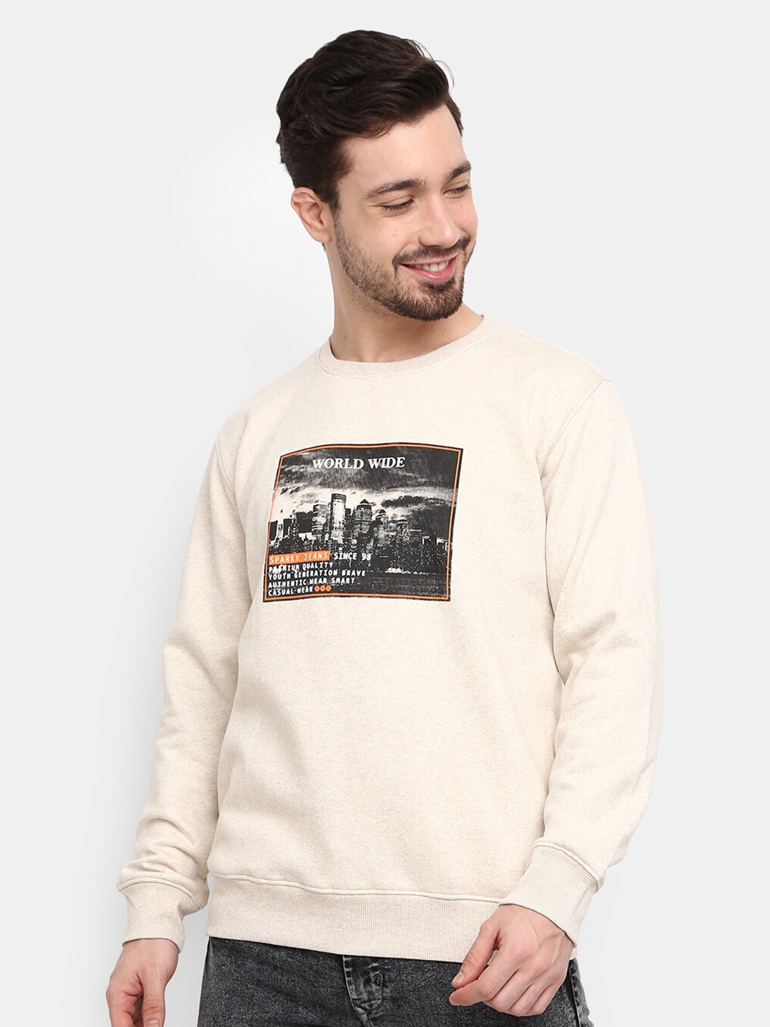 

V-Mart Men Cream-Coloured Graphic Printed Fleece Sweatshirt