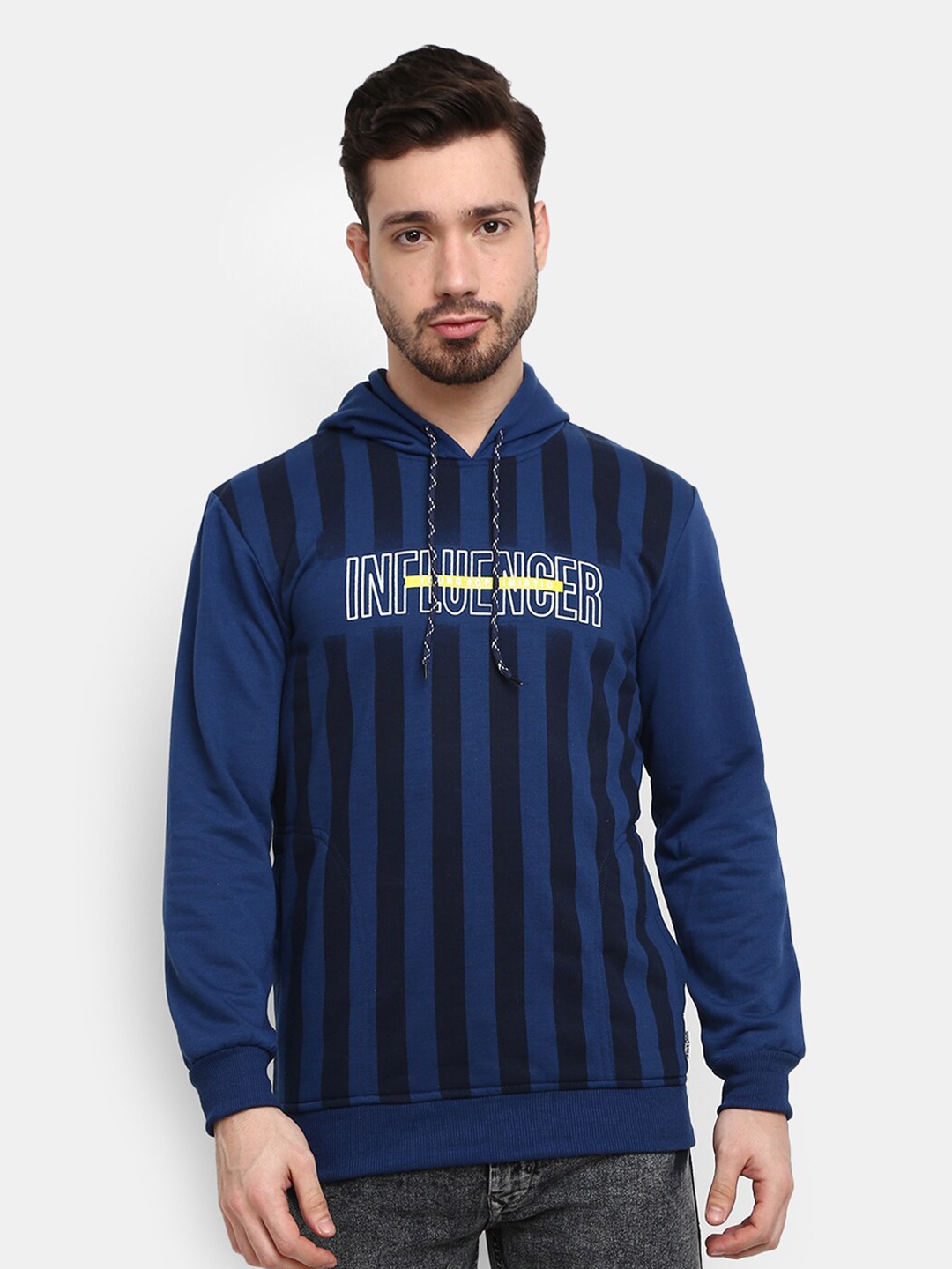 

V-Mart Men Blue Striped Printed Hooded Fleece Sweatshirt