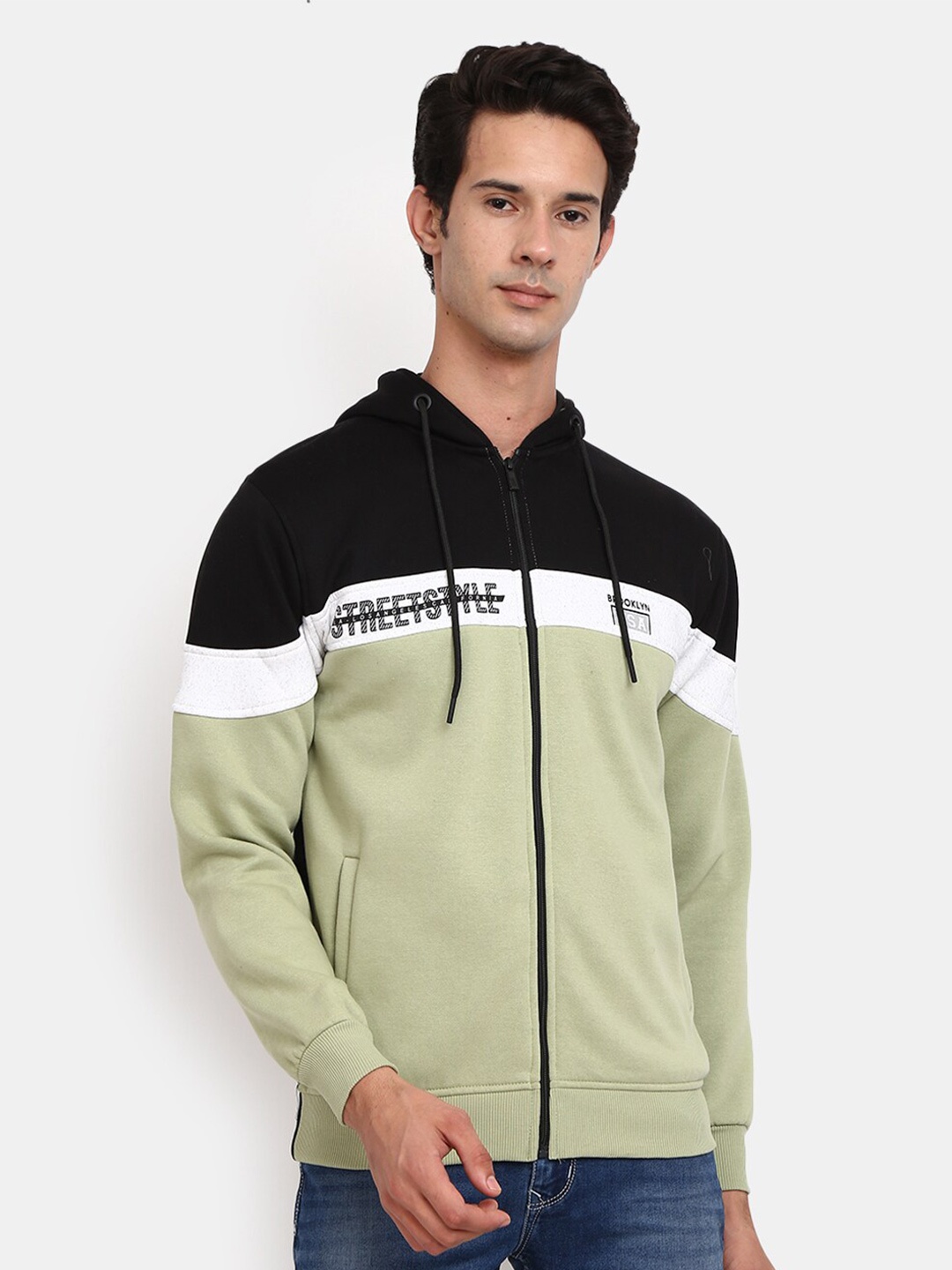 

V-Mart Men Sea Green Colourblocked Hooded Sweatshirt