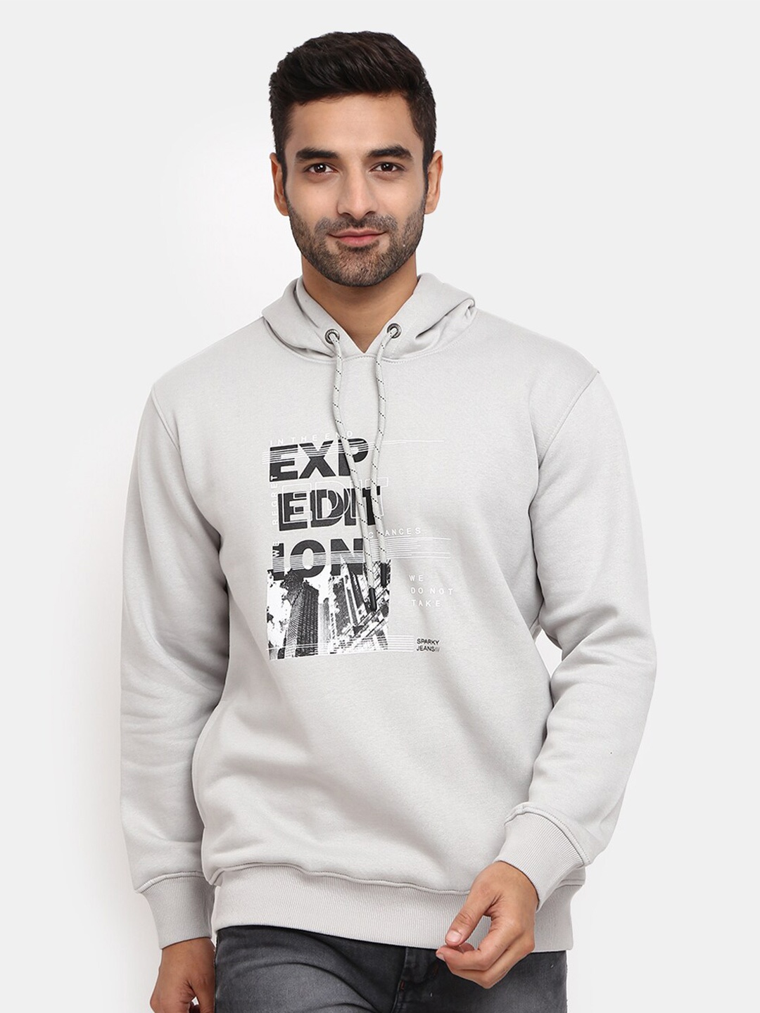 

V-Mart Men Grey Typography Printed Hooded Fleece Sweatshirt
