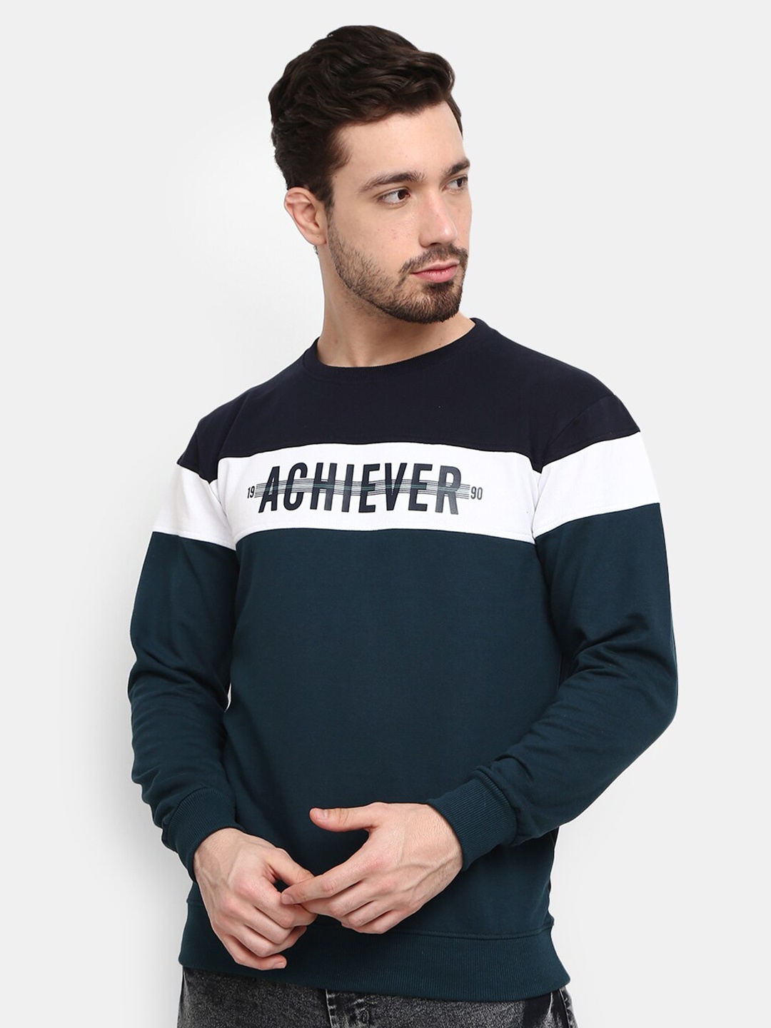 

V-Mart Men Teal Colourblocked Fleece Sweatshirt