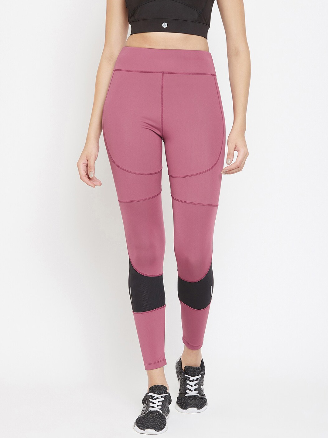 

ATHLISIS Women Mauve & Black Colorblocked Quick Dry Tights