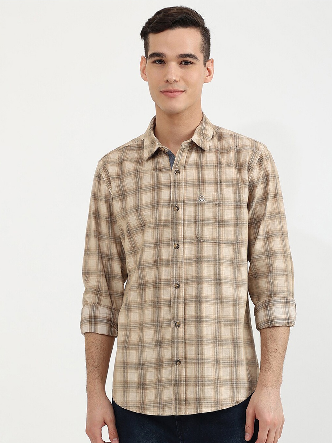 

United Colors of Benetton Men Beige Slim Fit Checked Cotton Casual Shirt