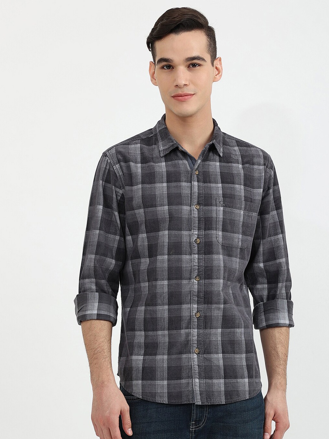 

United Colors of Benetton Men Grey Slim Fit Buffalo Checked Cotton Casual Shirt