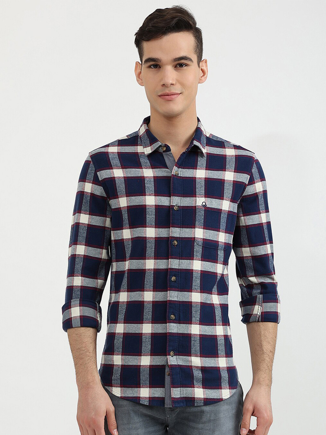 

United Colors of Benetton Men Navy Blue Slim Fit Tartan Checked Cotton Casual Shirt