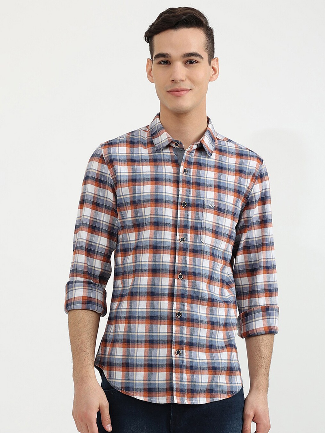 

United Colors of Benetton Men Navy Blue Slim Fit Tartan Checked Cotton Casual Shirt