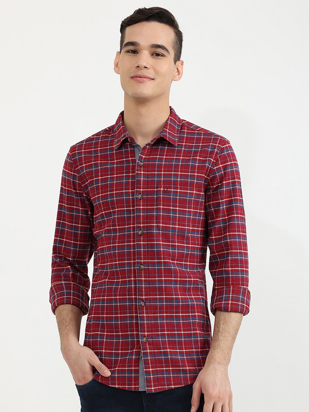 

United Colors of Benetton Men Maroon Slim Fit Tartan Checked Cotton Casual Shirt