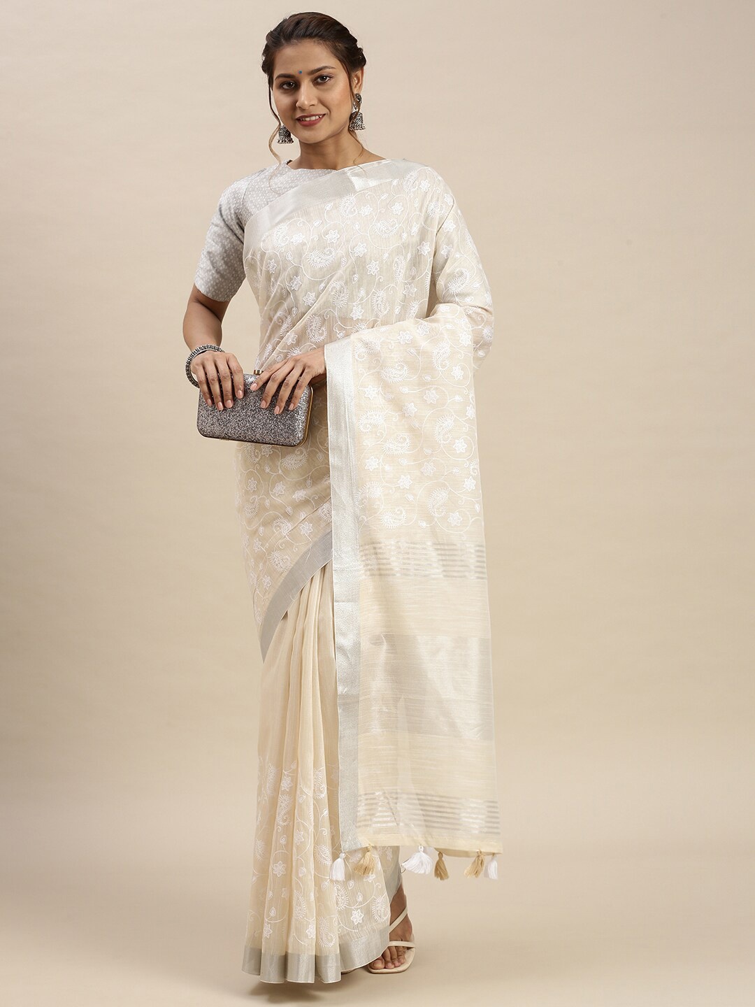 

Ramraj Beige & Silver-Toned Ethnic Motifs Embroidered Bhagalpuri Saree