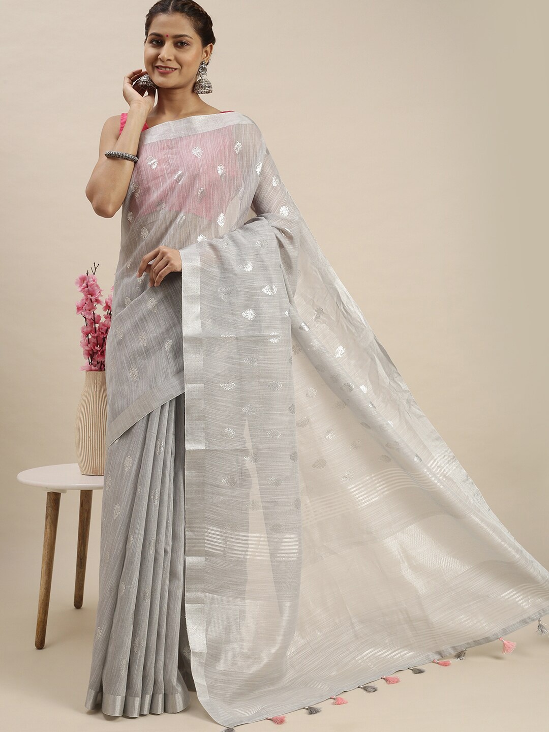 

Ramraj Grey Floral Zari Bhagalpuri Saree