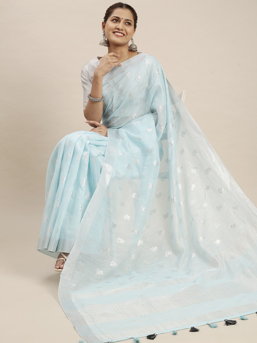 

Ramraj Blue Floral Zari Bhagalpuri Saree