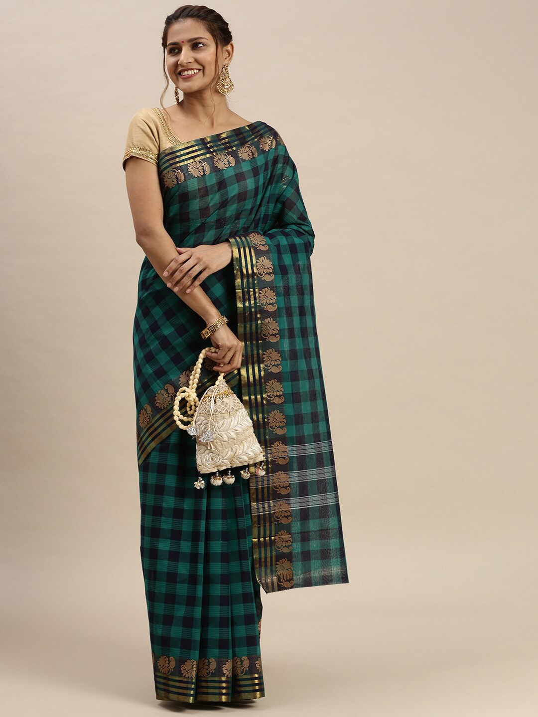 

Ramraj Green & Beige Checked Chettinad Saree