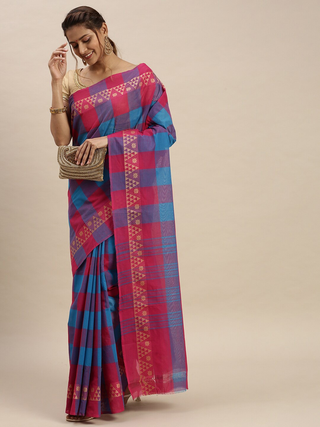 

Ramraj Blue & Pink Checked Chettinad Saree