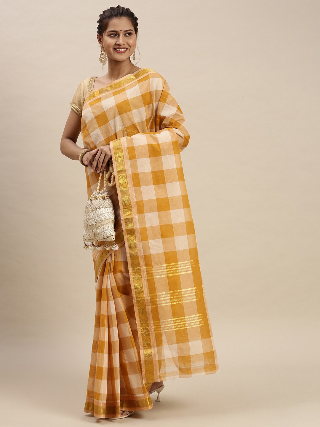 

Ramraj Beige & Mustard Checked Chettinad Saree