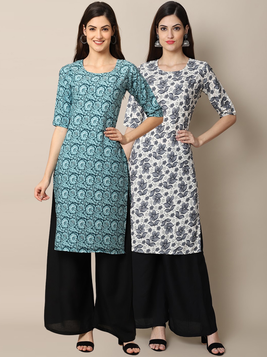 

7Threads Pack Of 2 Ethnic Motifs Printed Crepe Kurtas, Sea green
