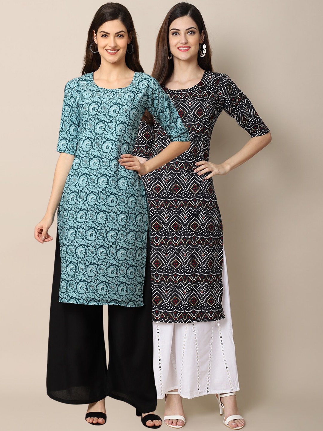 

7Threads Pack Of 2 Printed Crepe Kurta, Sea green