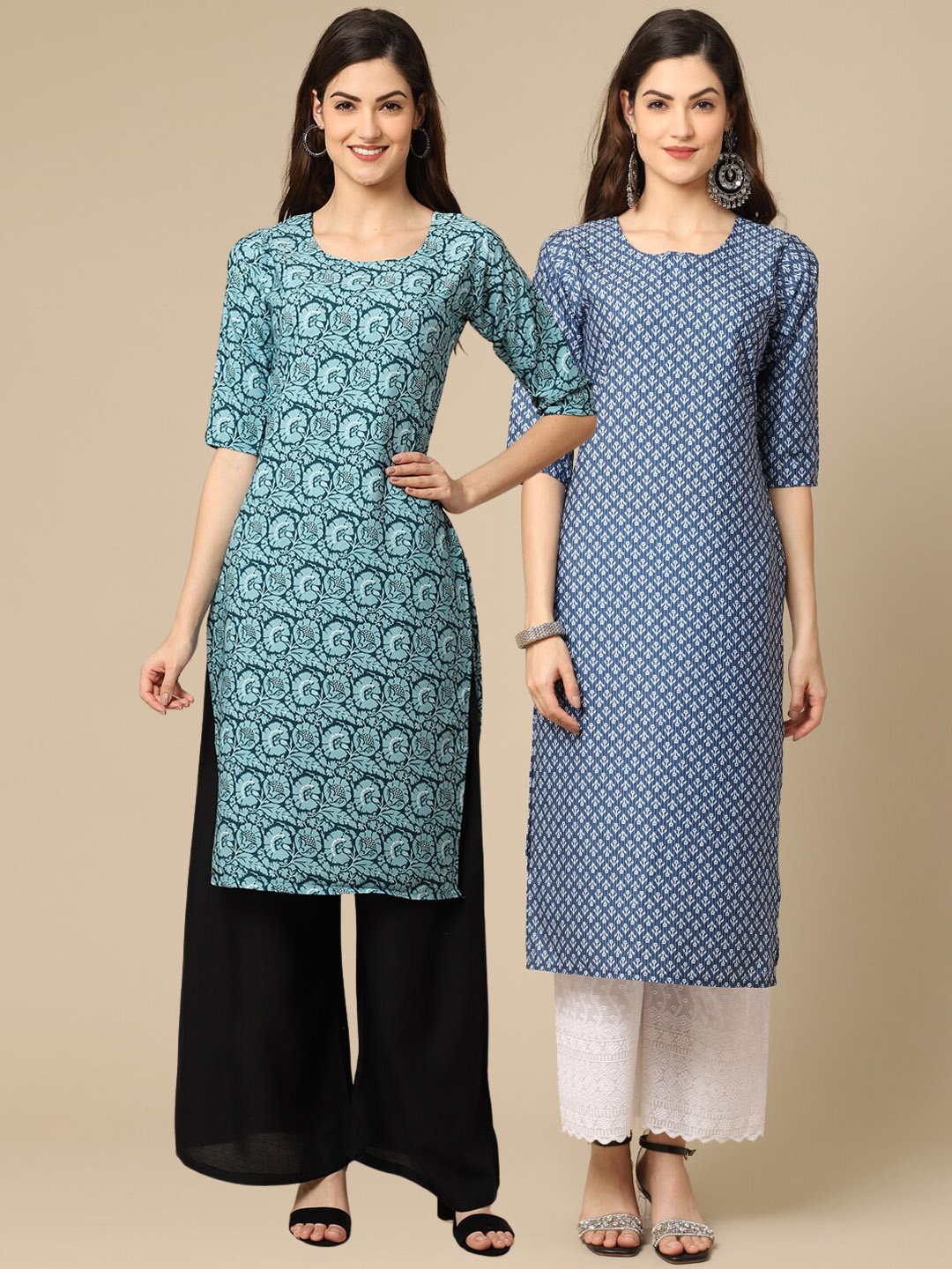 

7Threads Pack Of 2 Floral Printed Crepe Kurtas, Blue