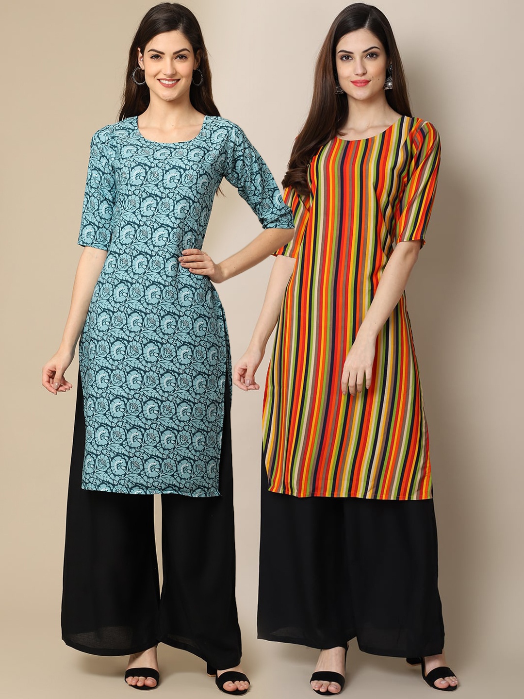 

7Threads Pack Of 2 Printed Crepe Kurta, Orange