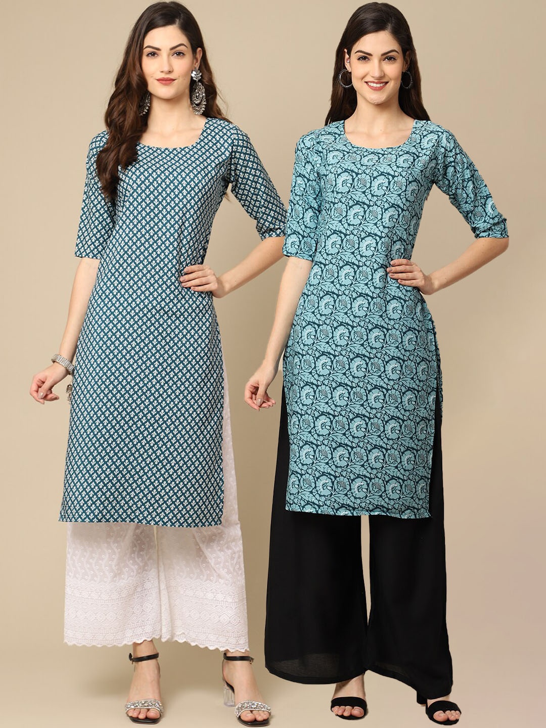 

7Threads Pack Of 2 Floral Printed Block Print Crepe Kurta, Blue
