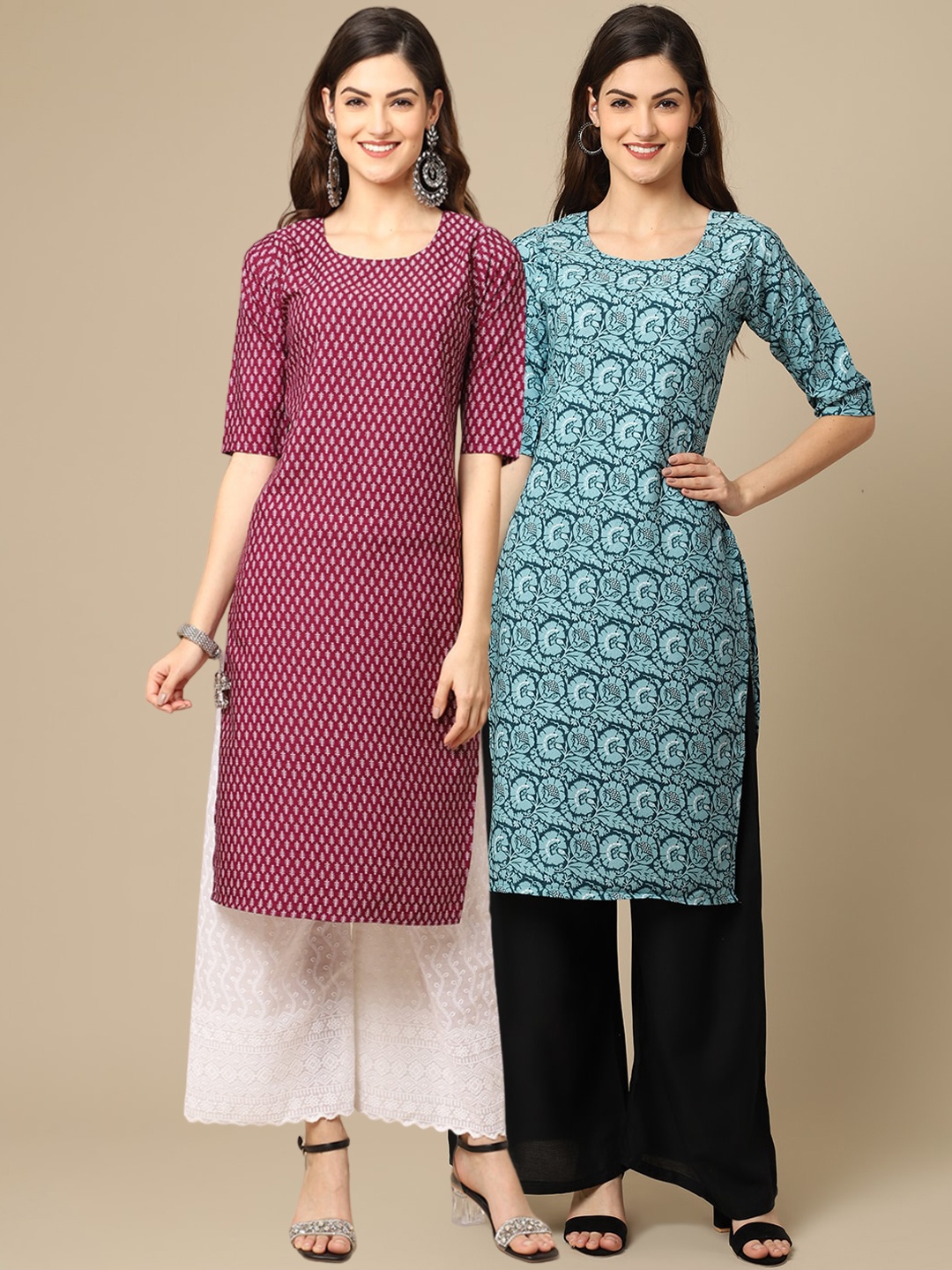 

7Threads Pack Of 2 Ethnic Motifs Printed Crepe Kurta, Maroon