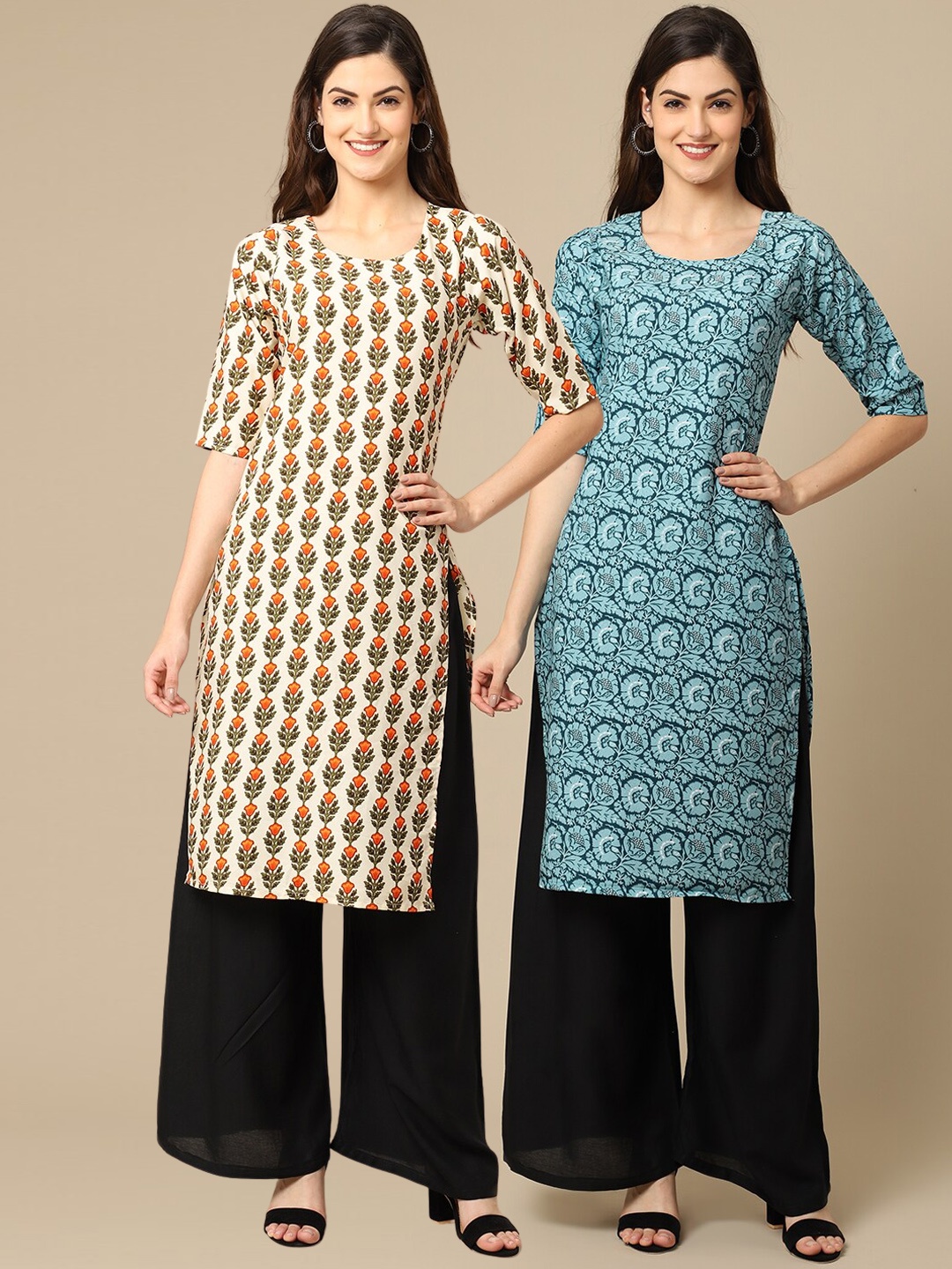 

7Threads Women Pack Of 2 Beige & Sea Green Printed Crepe Straight Kurta