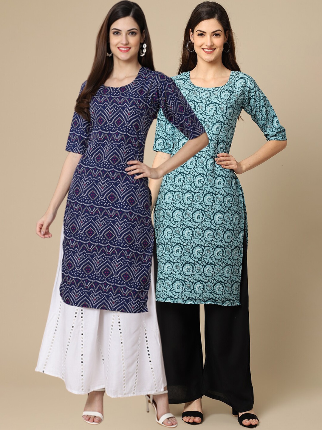 

7Threads Women Pack Of 2 Ethnic Motifs Printed Block Print Kurta, Navy blue