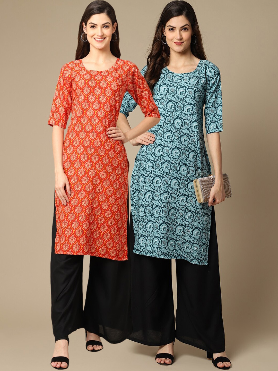 

7Threads Women Pack Of 2 Orange & Blue Geometric Printed Crepe Kurta