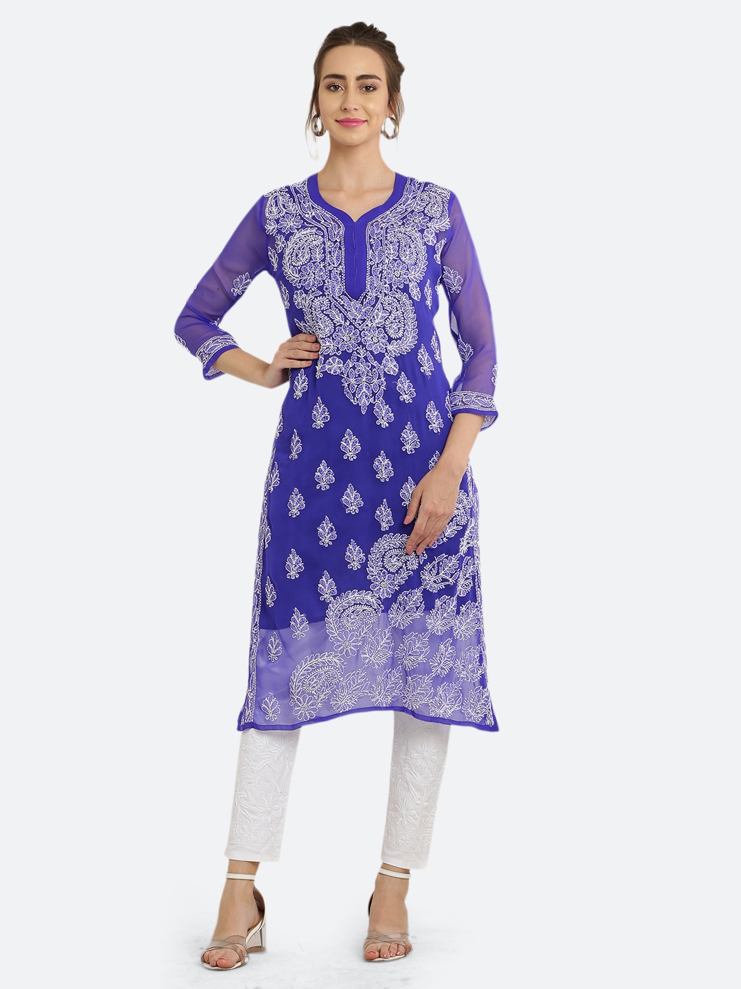 

FAWOMENT Ethnic Motifs Embroidered Thread Work Georgette Kurta, Blue