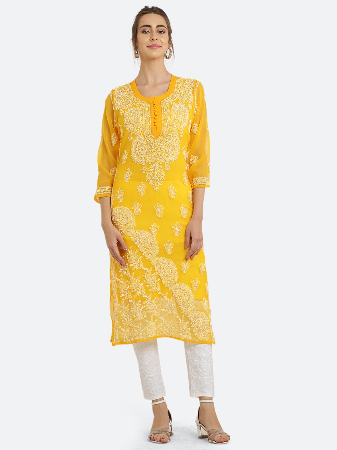 

FAWOMENT Ethnic Motifs Embroidered Chikankari Georgette Kurta, Mustard