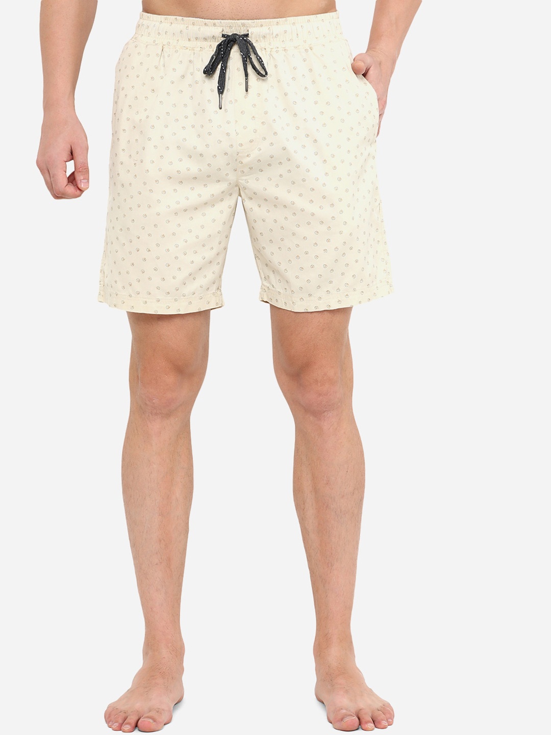 

JADE BLUE Men Cream-Coloured Printed Cotton Lounge Shorts