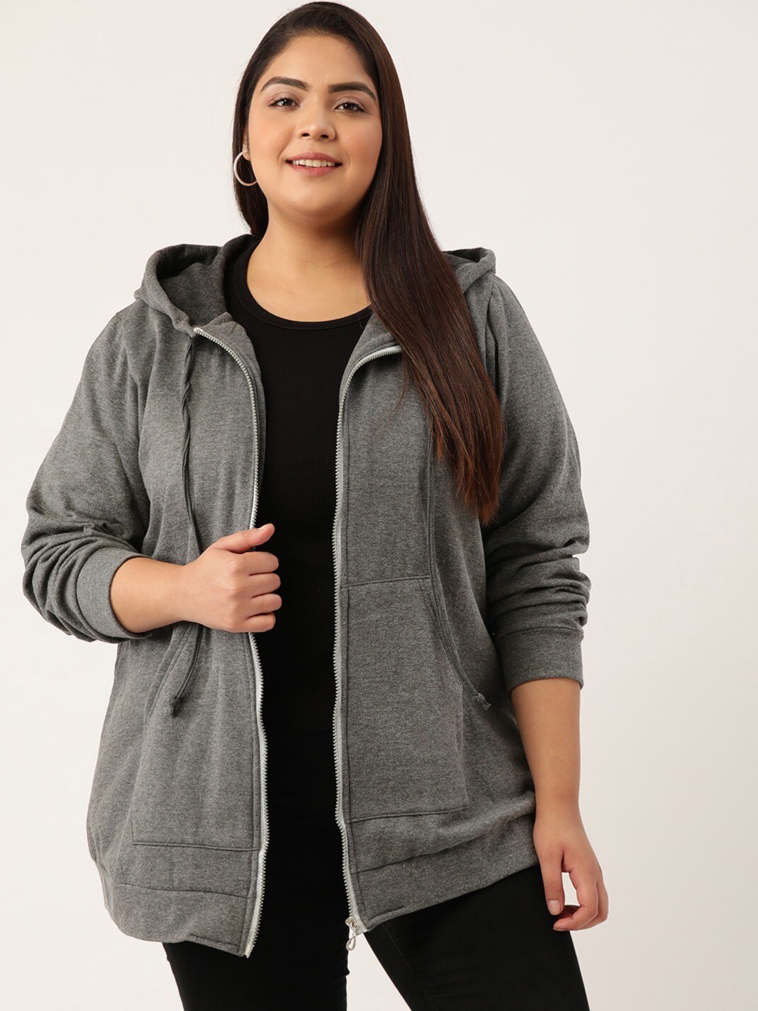 

theRebelinme Women Plus Size Charcoal Hooded Fleece Sweatshirt