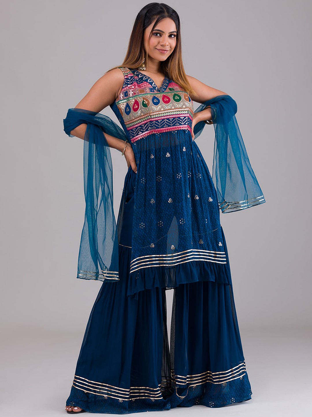 

Koskii Women Blue Ethnic Motifs Embroidered Pleated Kurta with Sharara & With Dupatta