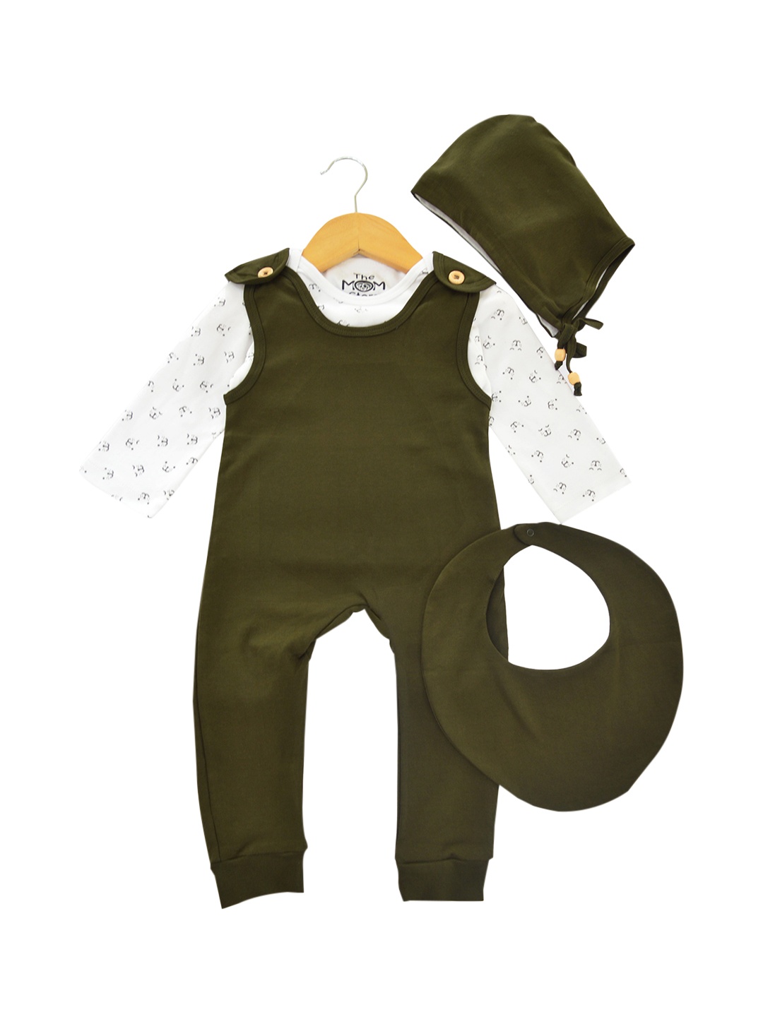 

The Mom Store Kids Olive Solid Pure Cotton Rompers Set With Beanie & Bib