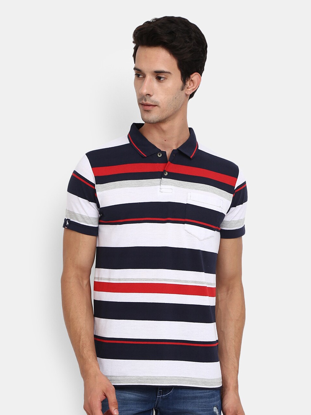 

V-Mart Men Navy Blue Striped Polo Collar Cotton T-shirt