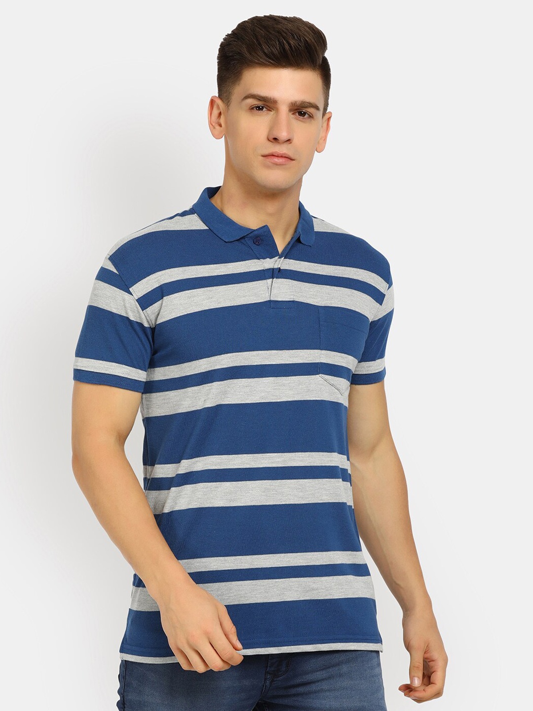 

V-Mart Men Blue & Grey Striped Polo Collar T-shirt