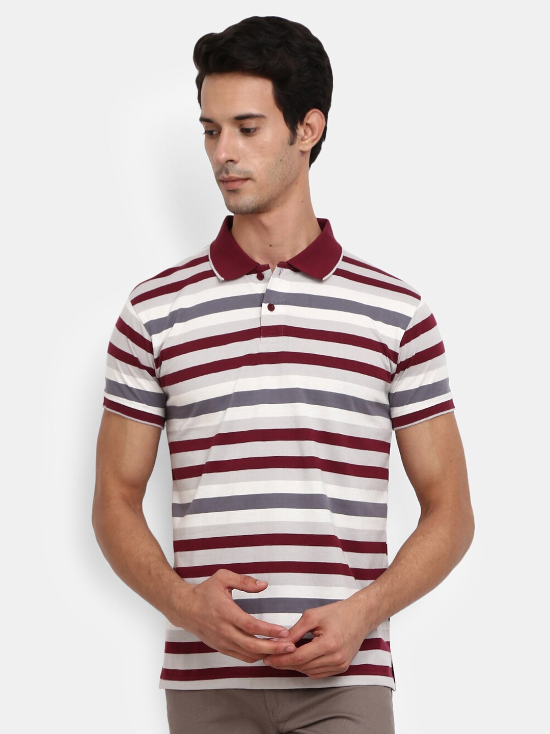

V-Mart Men Red & Grey Striped Polo Collar Cotton T-shirt