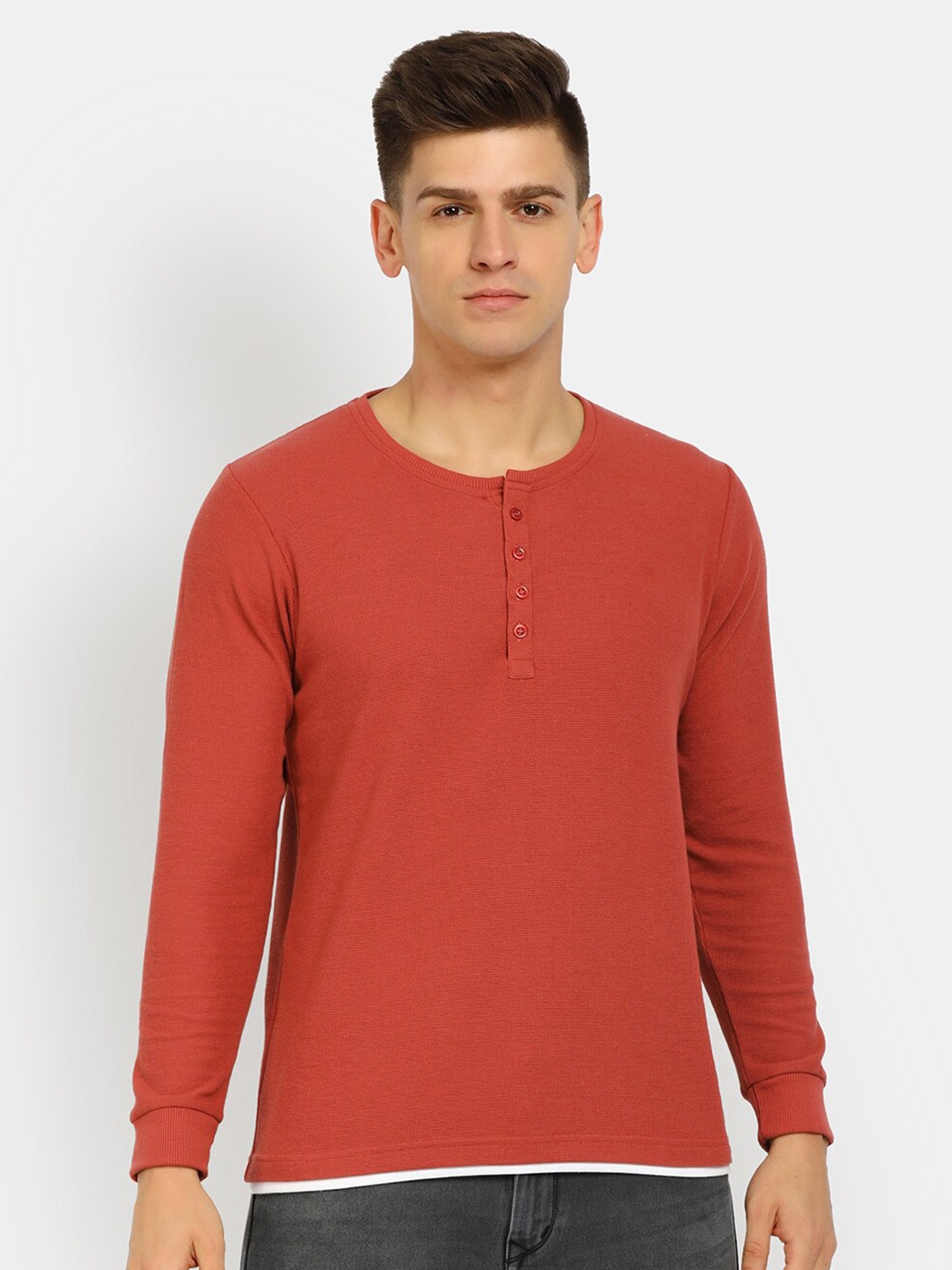 

V-Mart Men Rust Henley Neck Slim Fit Cotton T-shirt