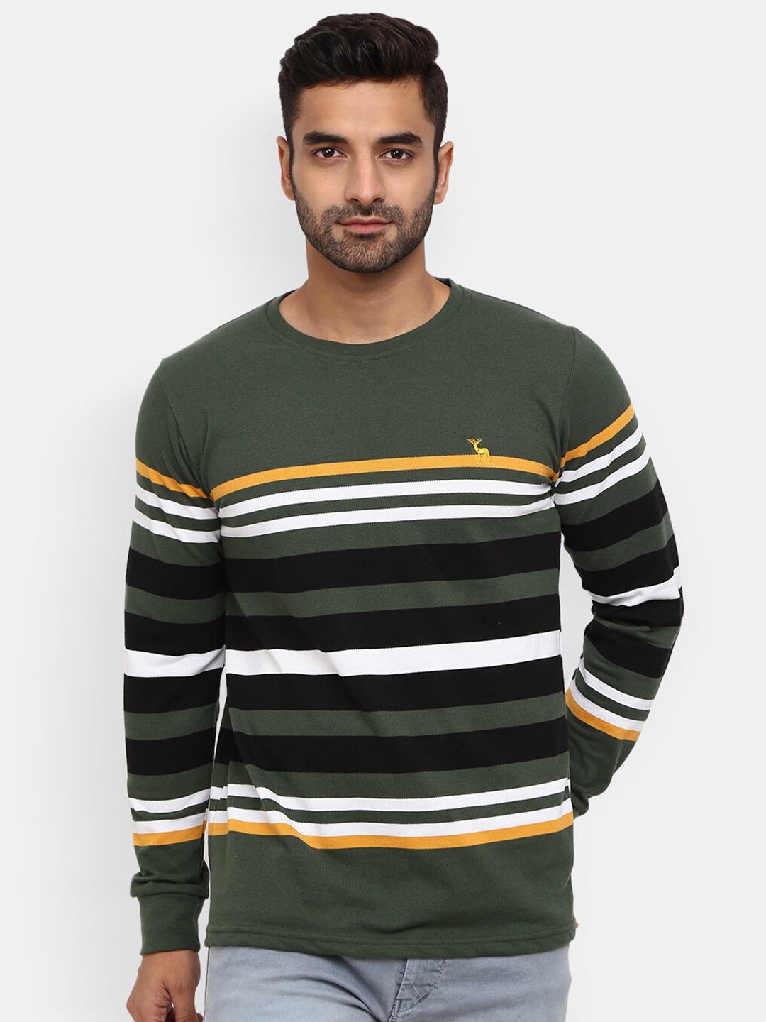 

V-Mart Men Olive Green & White Striped Cotton T-shirt