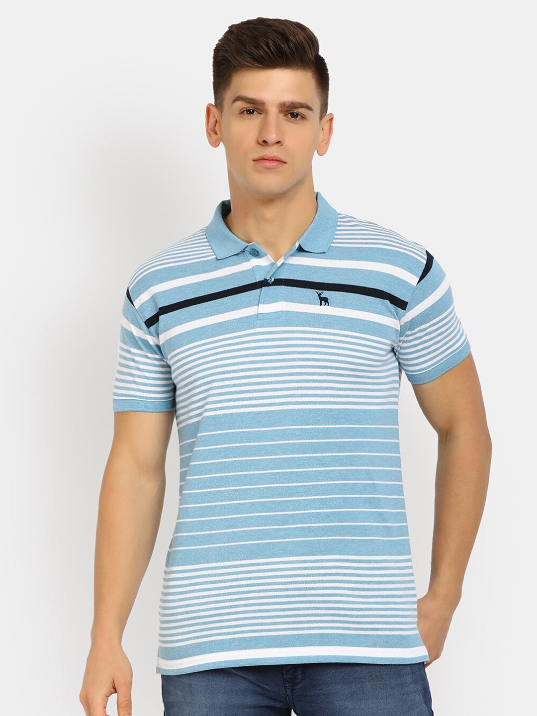 

V-Mart Men Blue & White Striped Polo Collar T-shirt