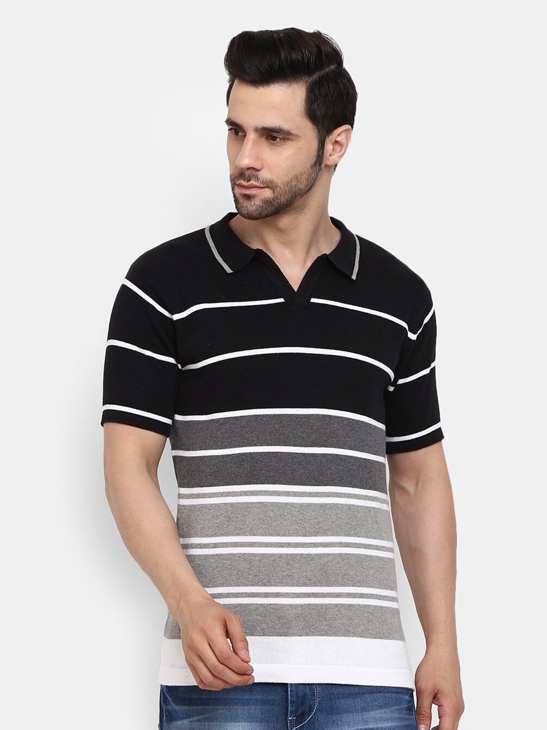 

V-Mart Men Grey Striped Polo Collar Slim Fit Cotton T-shirt
