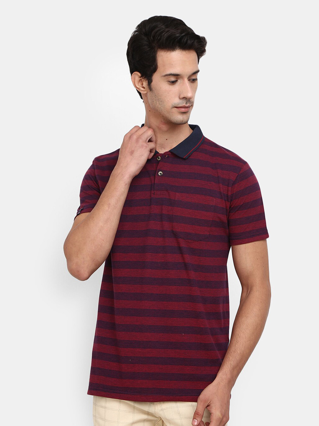 

V-Mart Men Maroon & Navy Blue Striped Polo Collar T-shirt