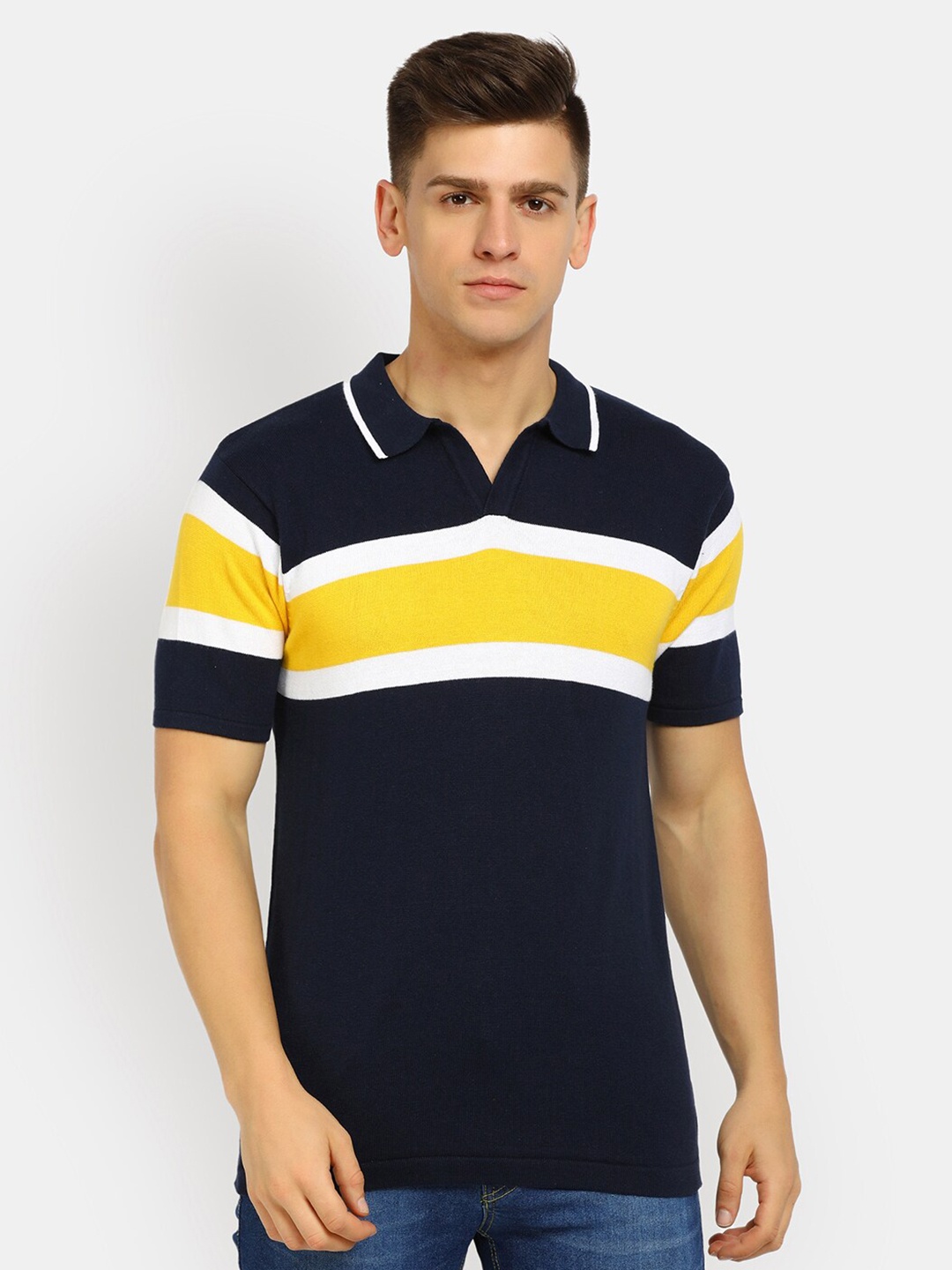 

V-Mart Men Navy Blue & Yellow Polo Collar Slim Fit Cotton T-shirt