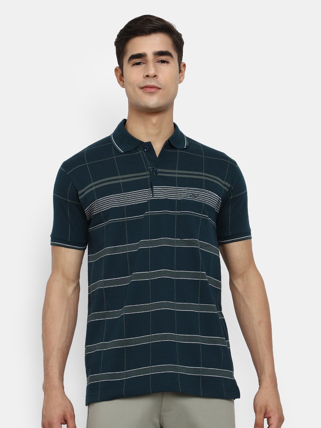 

V-Mart Men Teal Striped Polo Collar Cotton T-shirt