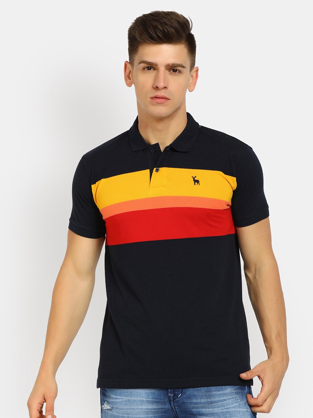 

V-Mart Men Navy Blue & Yellow Colourblocked Polo Collar T-shirt