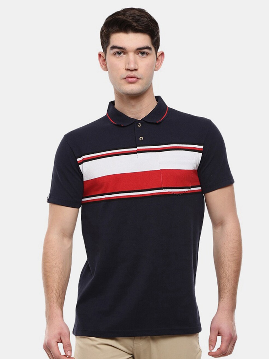 

V-Mart Men Navy Blue & Red Colourblocked Polo Collar Cotton T-shirt