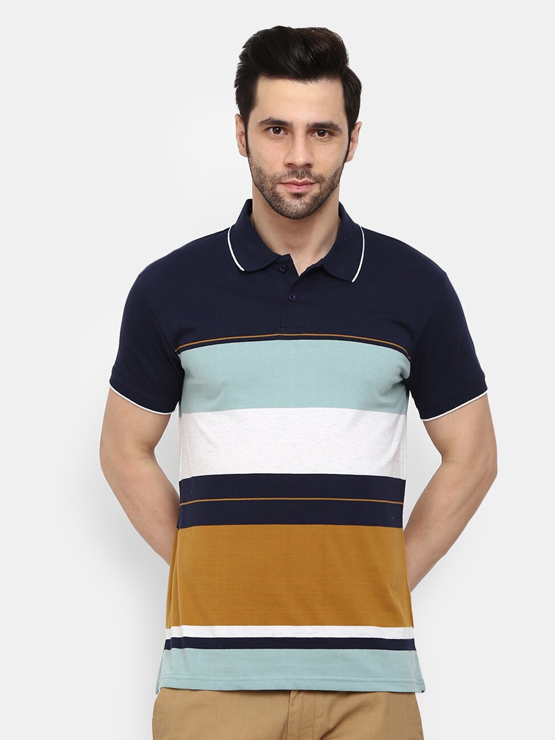 

V-Mart Men Navy Blue Striped Polo Collar Cotton T-shirt