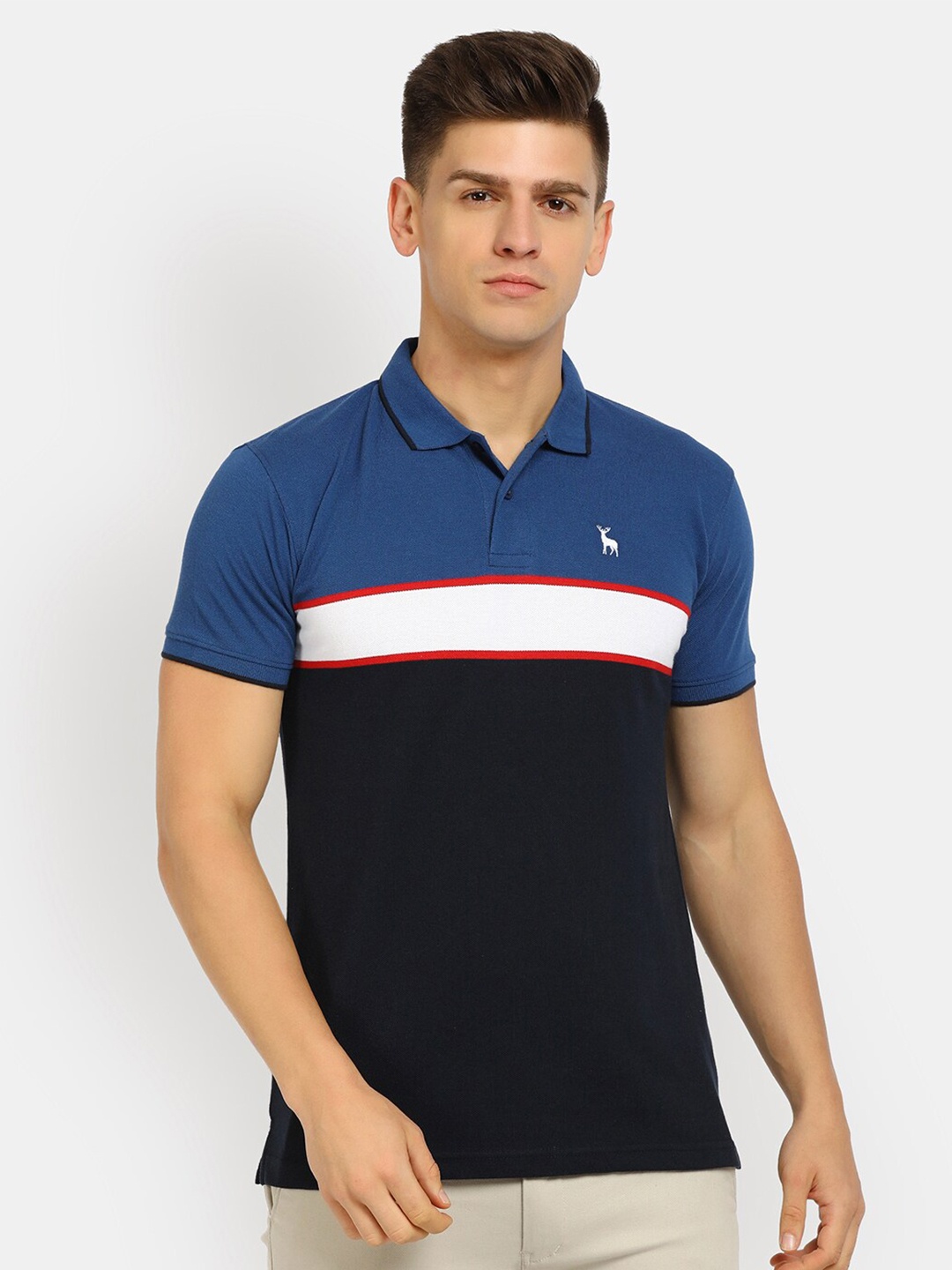 

V-Mart Men Navy Blue Colourblocked Polo Collar Cotton T-shirt