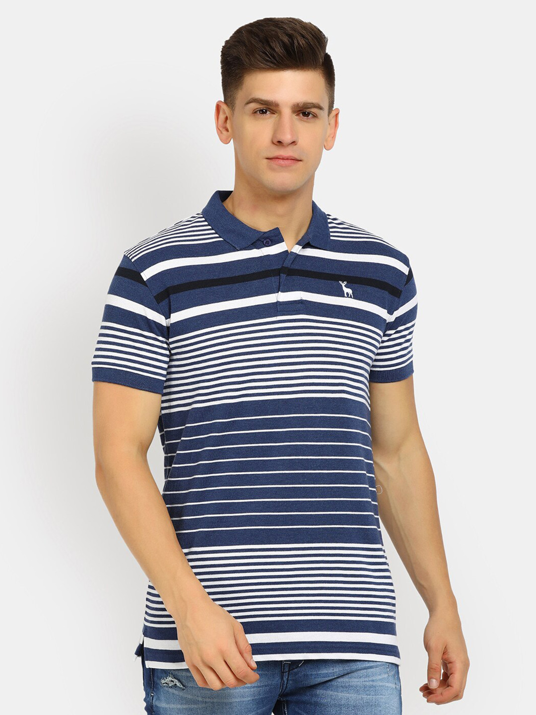 

V-Mart Men Blue Striped Polo Collar Cotton T-shirt