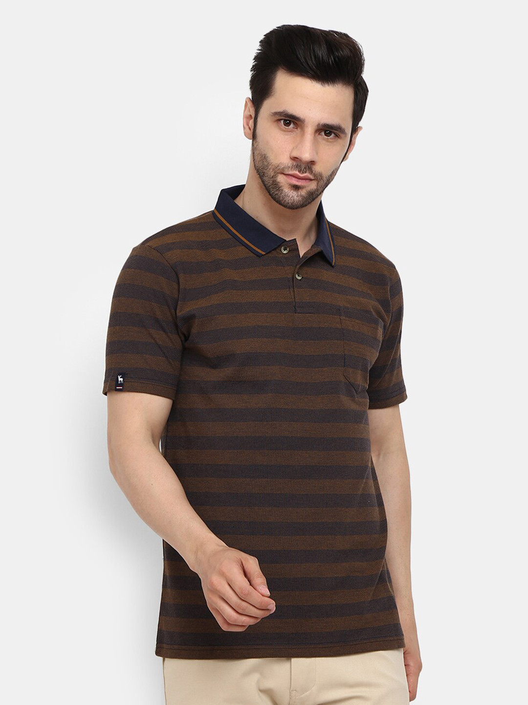 

V-Mart Men Brown Striped Polo Collar T-shirt