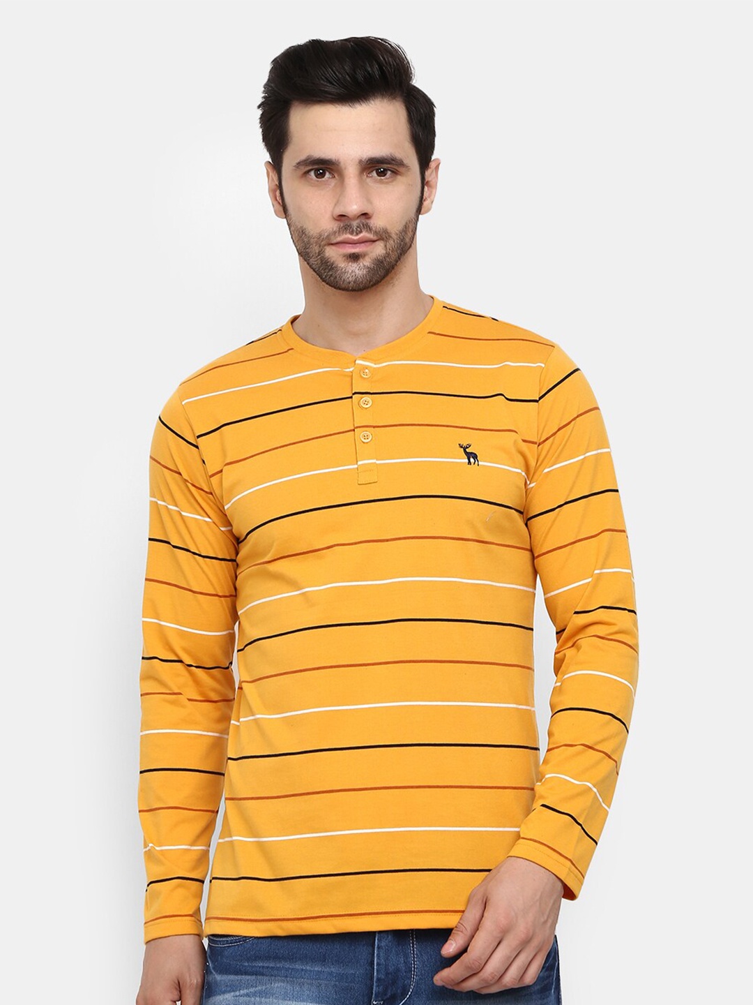 

V-Mart Men Yellow Striped Cotton Slim Fit T-shirt